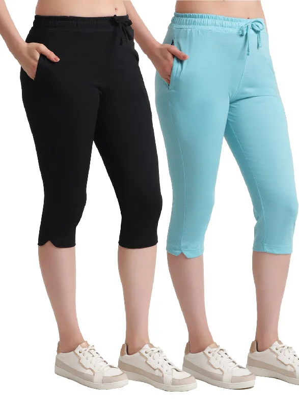 Women's Holiday Clothes T.T. Women Regular Fit Poly Jersey Solid Capri Pack Of 2-Black-Turquoise