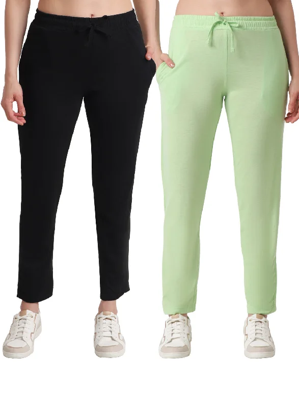 Women's High-End Clothing T.T. Women Regular Fit Poly Jersey Solid Trackpant Pack Of 2-Black-Green