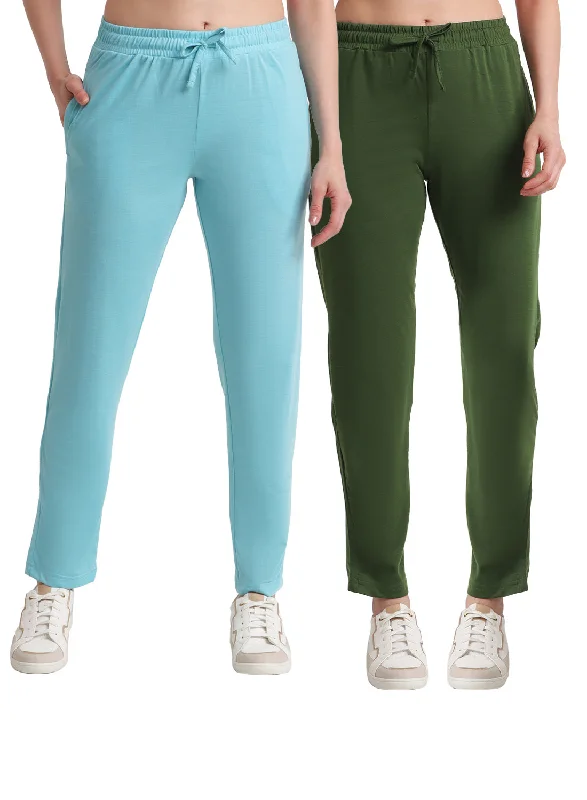 Women's Plus-Size Casual Outfit T.T. Women Regular Fit Poly Jersey Solid Trackpant Pack Of 2-Olive-Turquoise