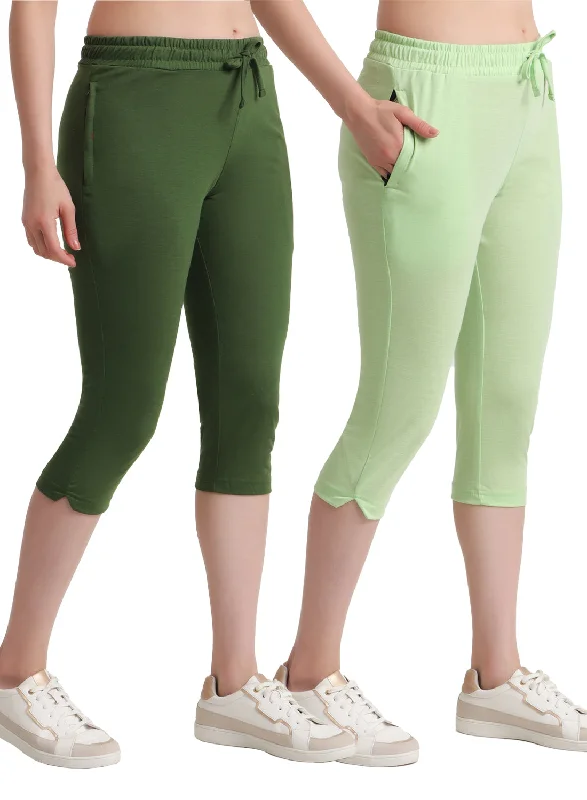 Women's Clothes For Work T.T. Women Regular Fit Poly Jersey Solid Capri Pack Of 2-Olive-Green