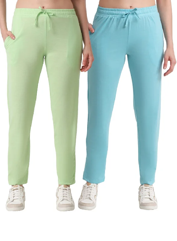 Women's Vacation Outfit Set T.T. Women Regular Fit Poly Jersey Solid Trackpant Pack Of 2-Green-Turquoise