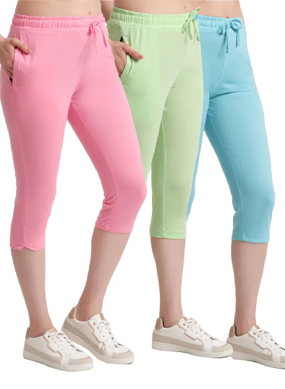 Affordable Women's Apparel T.T. Women Regular Fit Poly Jersey Solid Capri Pack Of 3-Green-Pink-Turquoise