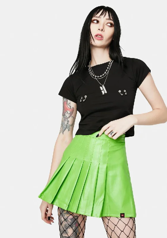 Women's Activewear Garments School Neon Green Vegan Leather Pleated Skirt