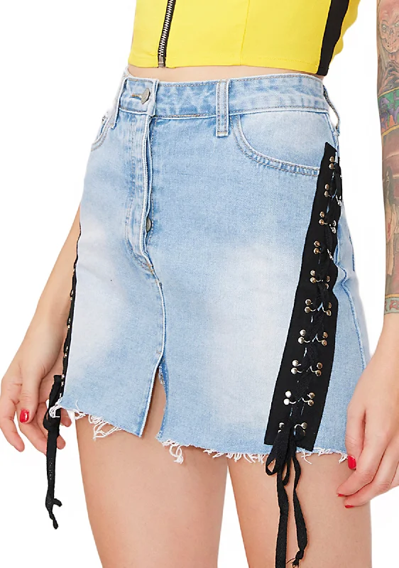 Women's Outerwear Garments Side Note Lace Up Denim Skirt