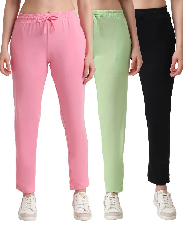 Women's Attire T.T. Women Regular Fit Poly Jersey Solid Trackpant Pack Of 3-Black-Green-Pink