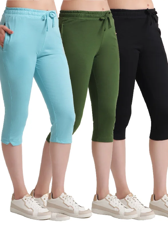 Women's Wedding Apparel T.T. Women Regular Fit Poly Jersey Solid Capri Pack Of 3-Black-Olive-Turquoise
