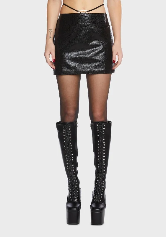 Women's Holiday Clothing Strappy Black Faux Leather Mini Skirt