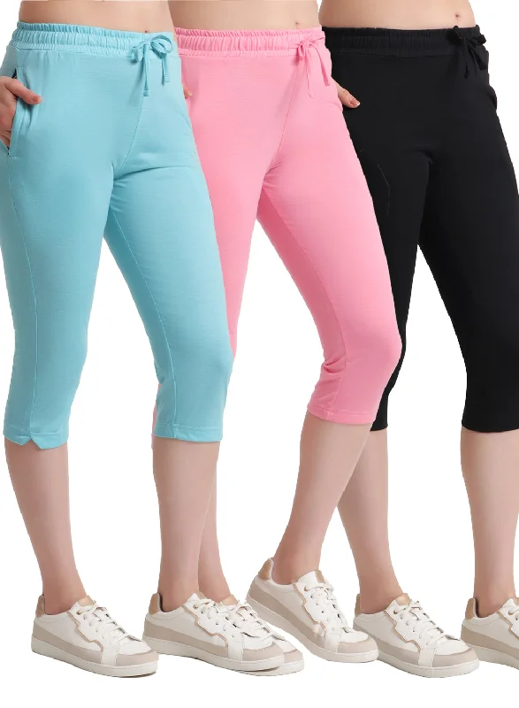 Women's Comfortable Apparel T.T. Women Regular Fit Poly Jersey Solid Capri Pack Of 3-Black-Pink-Turquoise