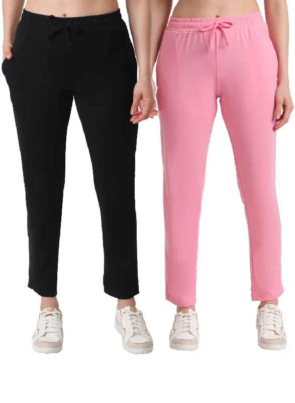 Women's Work Outfit T.T. Women Regular Fit Poly Jersey Solid Trackpant Pack Of 2-Black-Pink