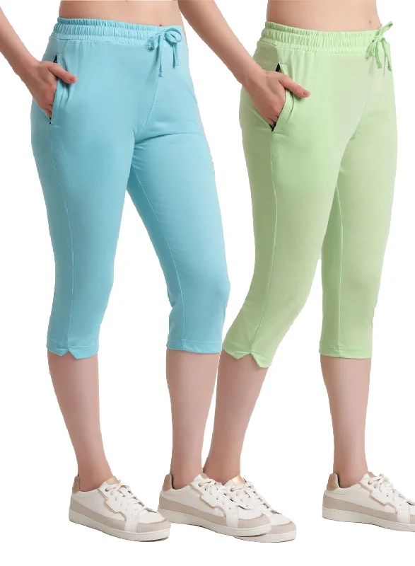 Casual Clothes For Women T.T. Women Regular Fit Poly Jersey Solid Capri Pack Of 2-Green-Turquoise