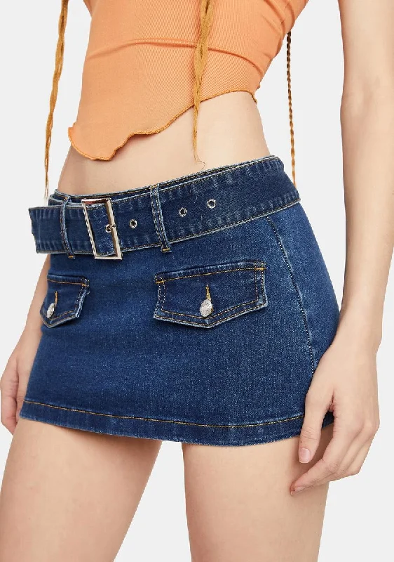 Women's Clothing For Holiday Travel Low Rise Belted Denim Cargo Mini Skirt