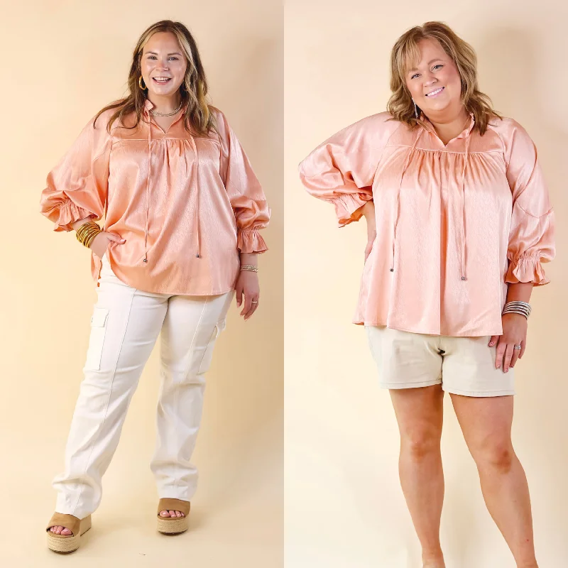 Stylish And Comfortable Clothing For Women Sunset Situation Front Tie Keyhole Blouse in Peach Orange