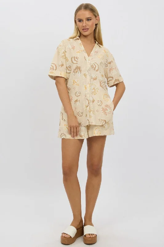 Women's Travel Apparel Beige Abstract Relaxed Shirt Short Sleeve Linen Blend