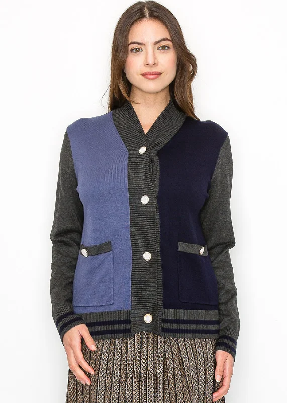 Trendy Athleisure Clothing For Women Colorblock Navy and Blue Buttoned Cardigan