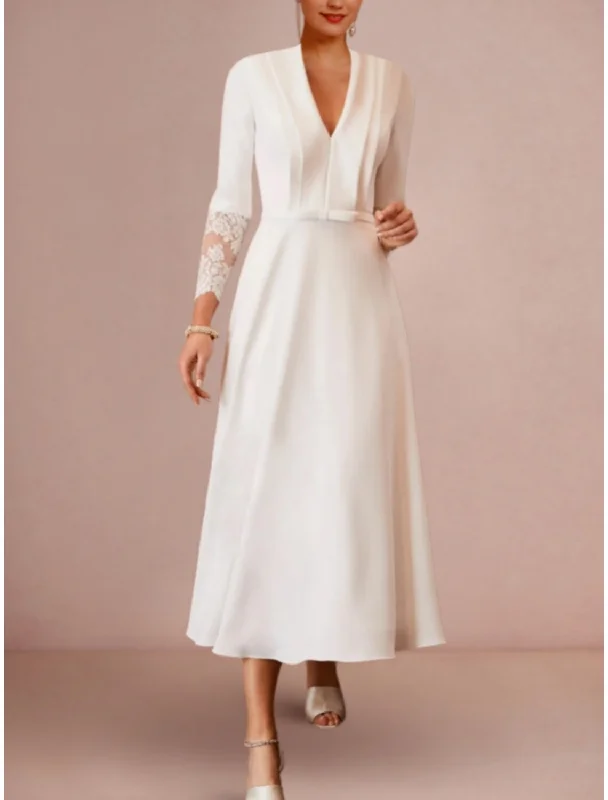 Casual Attire For Women Little White Dresses Wedding Dresses A-Line V Neck Long Sleeve Tea Length Stretch Fabric Bridal Gowns With Bow(s) Solid Color