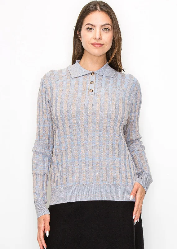 Women's Plus-Size Attire Blue Striped Knit Polo Sweater