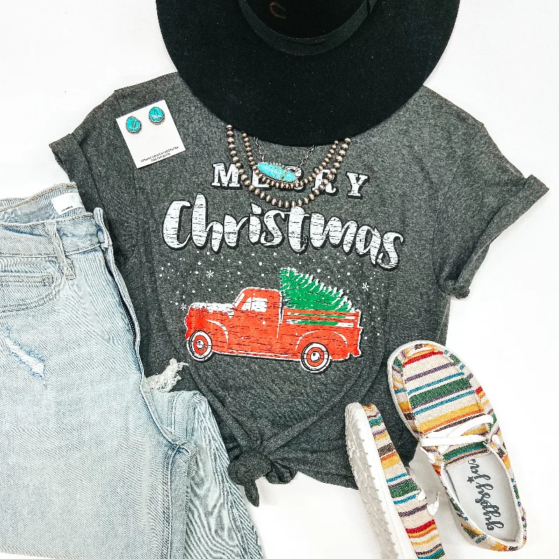 Casual Clothing For Women Last Chance Size Small & Large | Merry Christmas Pick Up Truck Short Sleeve Graphic Tee in Charcoal Heather Grey