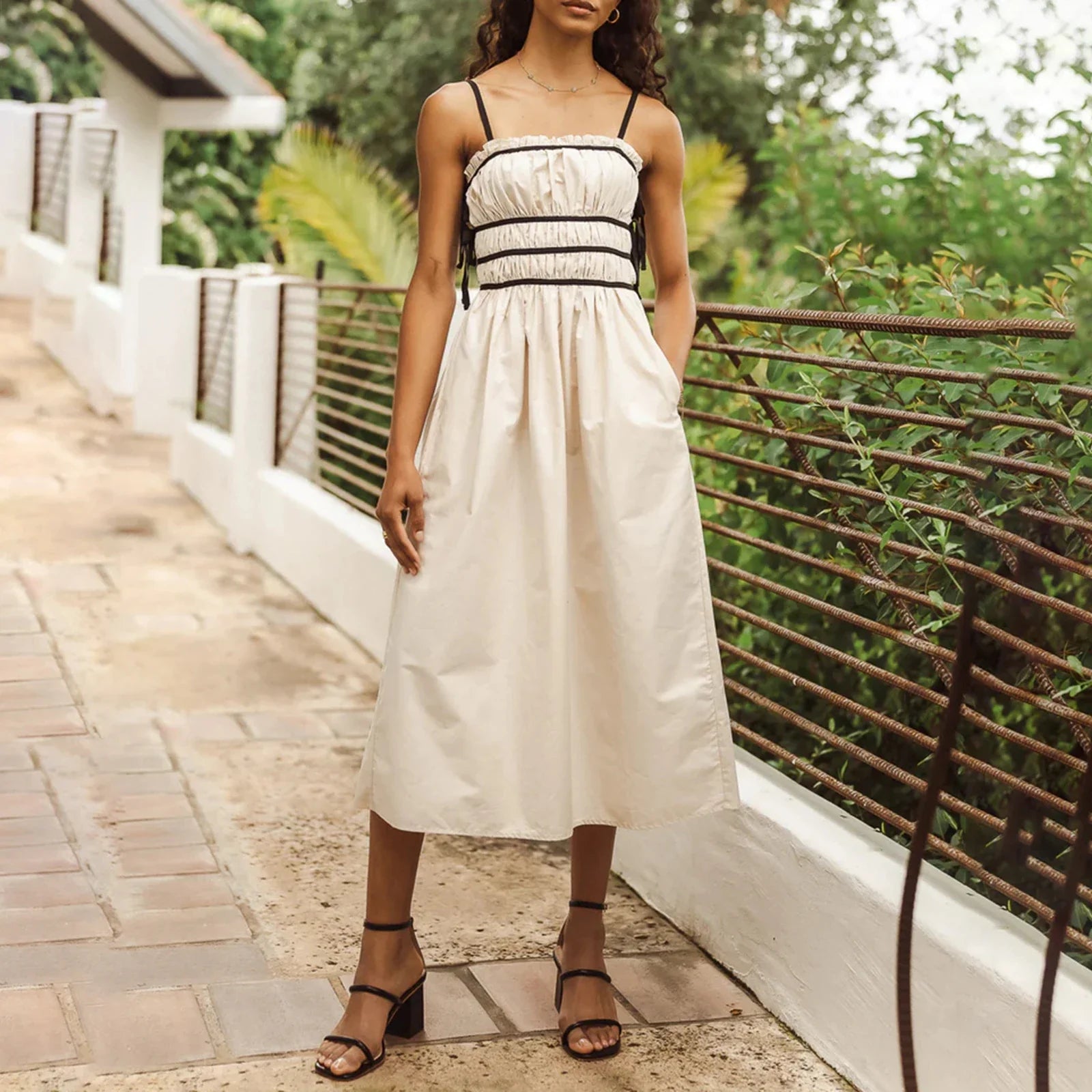Women's Wedding Apparel Boho Women Summer Cami Sleeveless Backless Tie Up Spaghetti Strap with Pockets Vacation Outfits Midi Dress