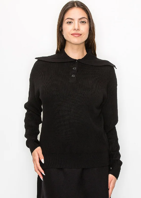 Women's Holiday Attire Ribbed Knit Sweater with Statement Collar