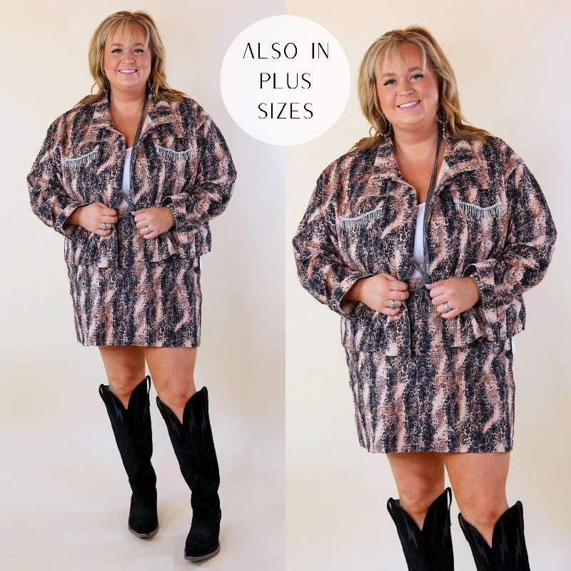 Women's Casual Apparel Chic Discovery Button Up Corduroy Animal Print Jacket with Crystal Fringe in Blush Pink and Black