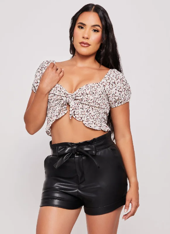 Sustainable Women's Clothing Iris Floral Print Peasant Tie Front Crop Top