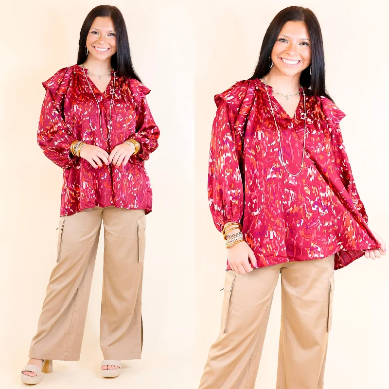 Classic Women's Apparel Sweet Charisma Abstract Print Blouse with Notched Neckline in Maroon