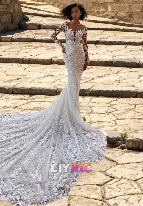 Formal Outfit For Women V-Neck Long Sleeves Lace Appliques Mermaid Wedding Dress