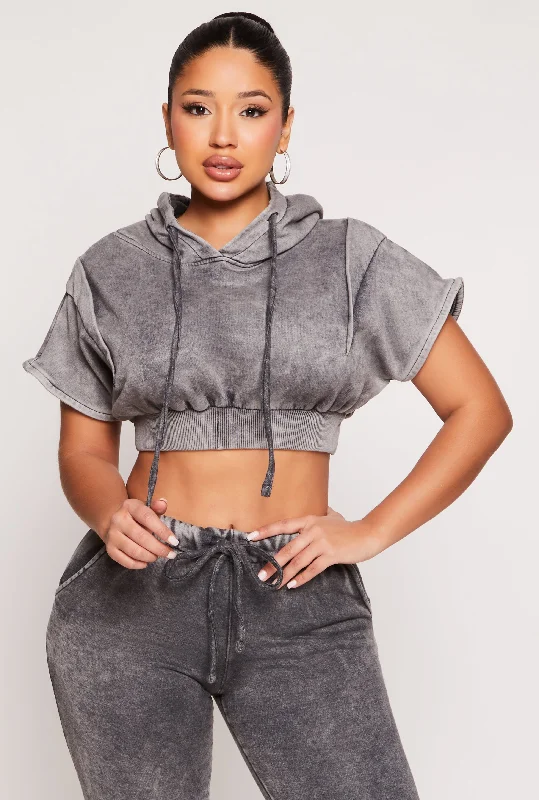 Affordable Trendy Clothes For Women Acid Wash Short Sleeve Cropped Hoodie