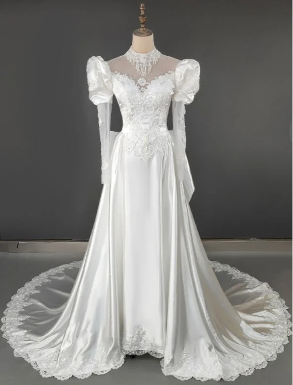 Chic Clothes For Women Luxury Retro Vintage Bubble Sleeved Long Train Satin Wedding Dress