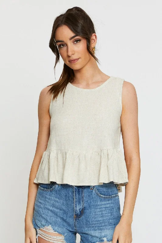 Women's Transitional Apparel Beige Peplum Top Sleeveless Ruffle