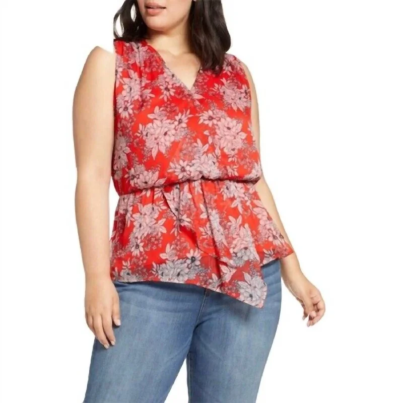 Women's Clothing Sets Floral Print V-Neck Asymmetrical Chiffon Blouse In Red