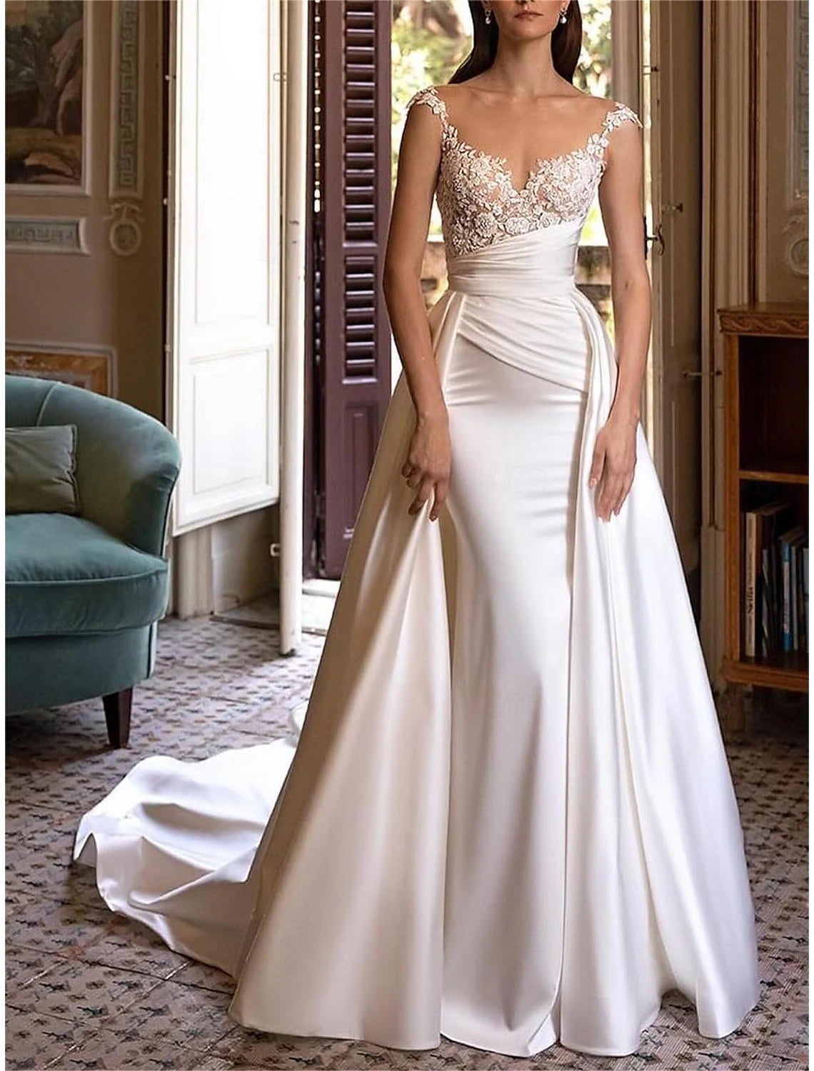 Women's Apparel And Garments Wedding Dresses Ball Gown Off Shoulder V Neck Pleats Sleeveless Chapel Train Satin Bridal Gowns