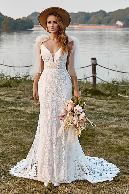 Casual Garments For Women Ivory Mermaid Lace Sweep Train Dress Boho Wedding Dress With Bowknots