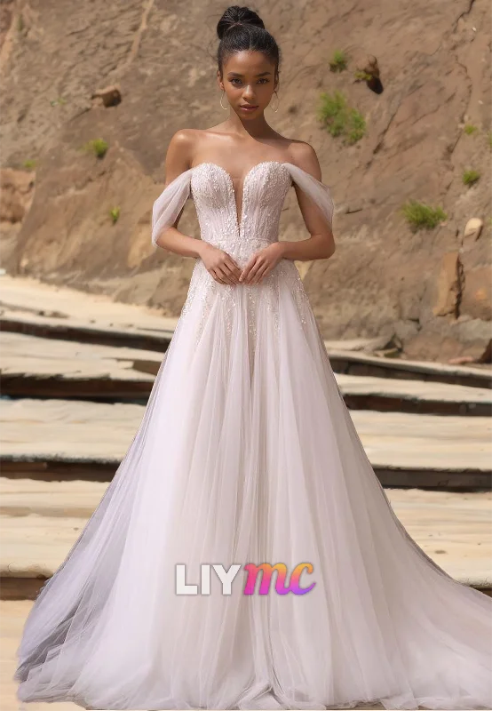 Stylish Women's Garments For Holidays Off-Shoulder Strapless Appliques Tulle A-Line Wedding Dress