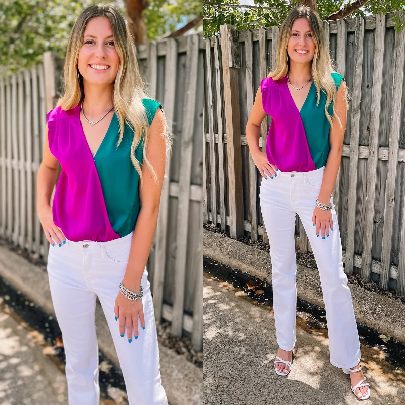 Charming Women's Clothes For Special Events Steal The Night Color Block V Neck Bodysuit in Magenta and Teal Green