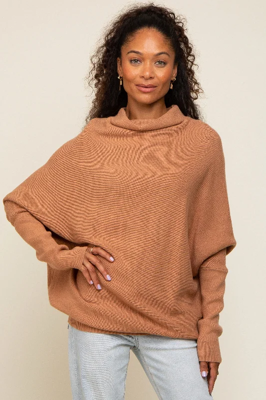 Women's Workout Clothing Light Camel Funnel Neck Dolman Sleeve Sweater