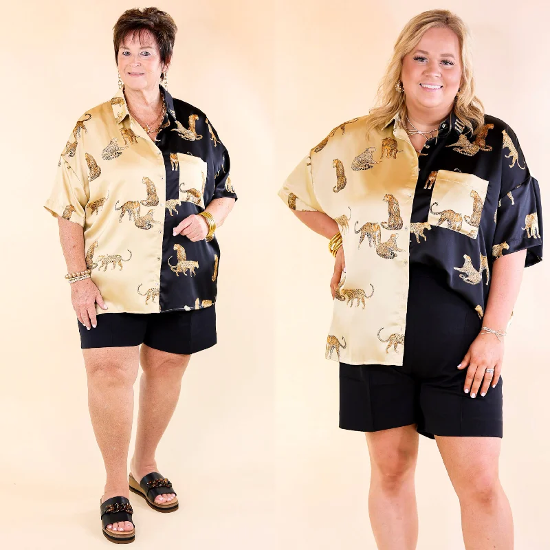 Women's Functional Apparel For Outdoor Activities All Eyes On Me Button Up Cheetah Print Blouse in Black and Gold