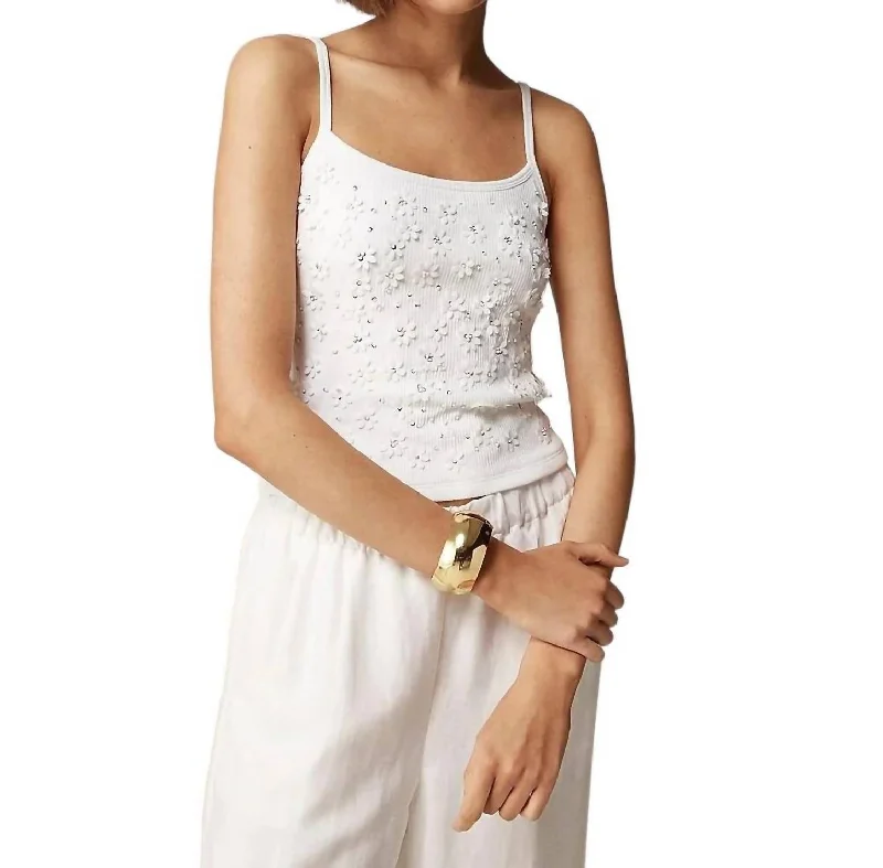 Women's Clothes For The Office Floral Embellished Vintage Rib Tank Top In White