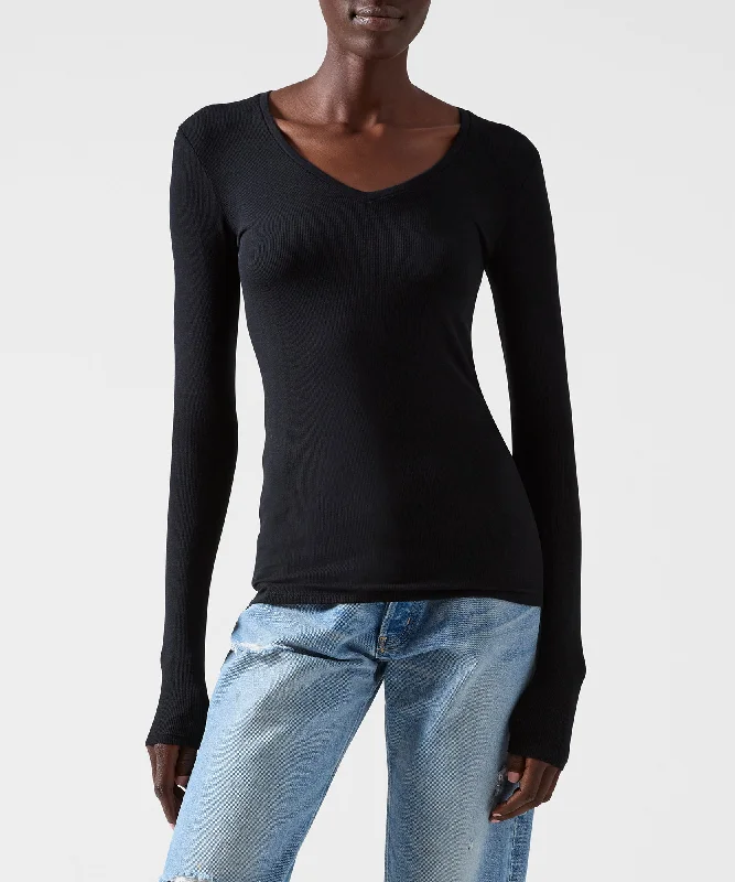 Women's Evening Attire Modal Rib Long Sleeve V-Neck Tee - Black