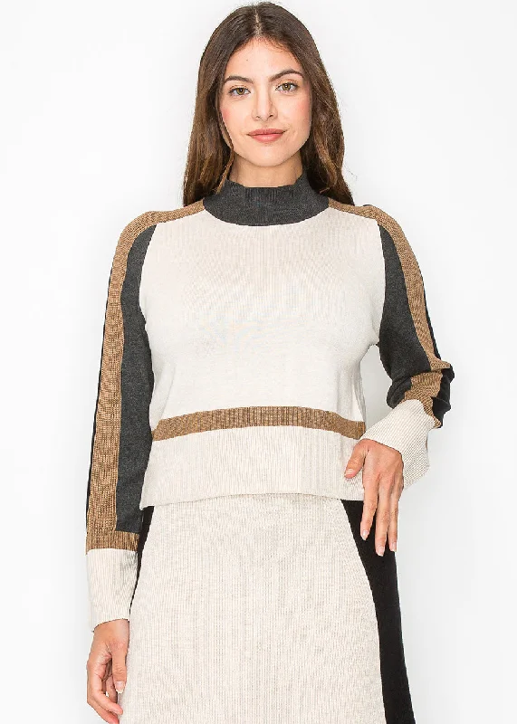 Fashionable Women's Clothes High Neck Cream and Brown Knit Sweater