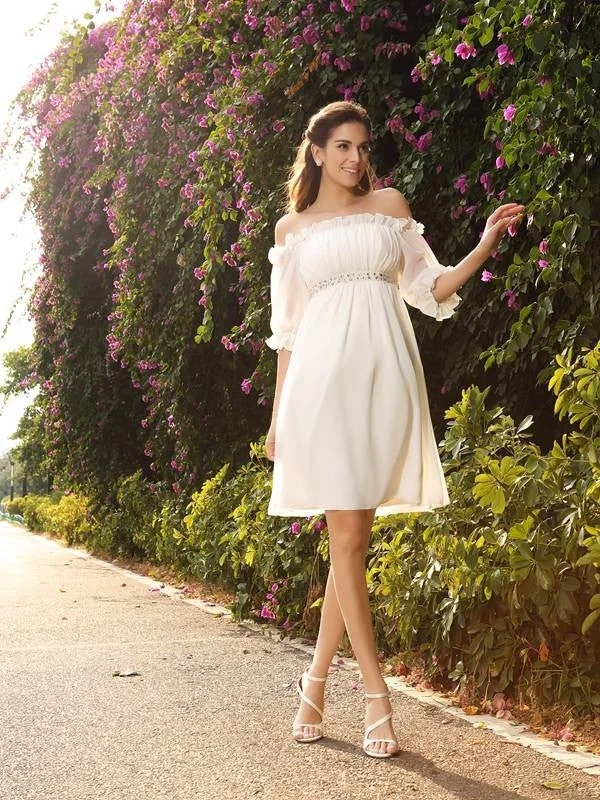 Women's Apparel Wedding Dresses Princess Off-the-Shoulder Beading 1/2 Sleeves Short Chiffon
