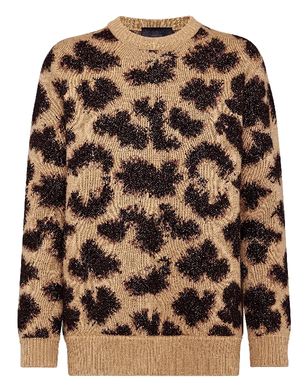 Timeless Women's Garments Pullover Round Neck SS Jacquard Lurex Leopard