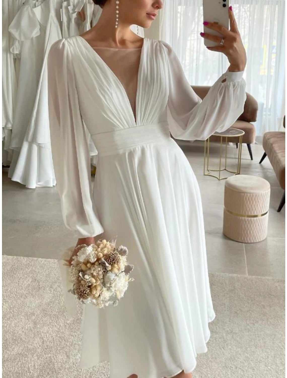 Women's Transitional Outfit Little White Dresses Wedding Dresses A-Line Illusion Neck Long Sleeve Knee Length Chiffon Bridal Gowns With Pleats Solid Color