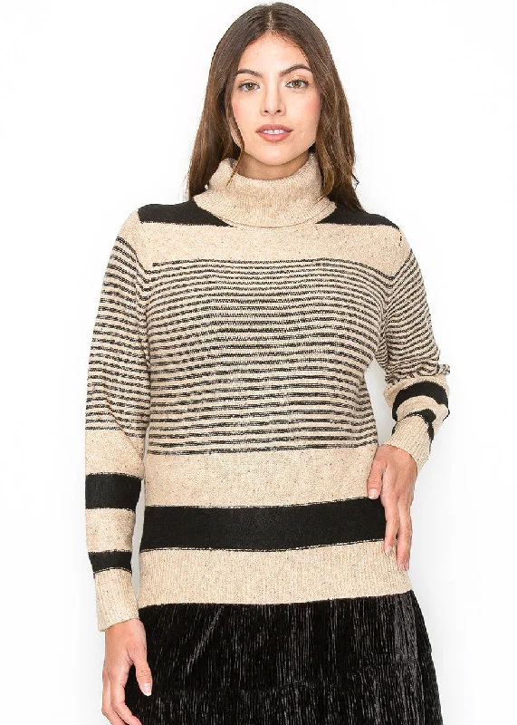 Women's Transitional Garments Camel and Black Striped Turtleneck Sweater