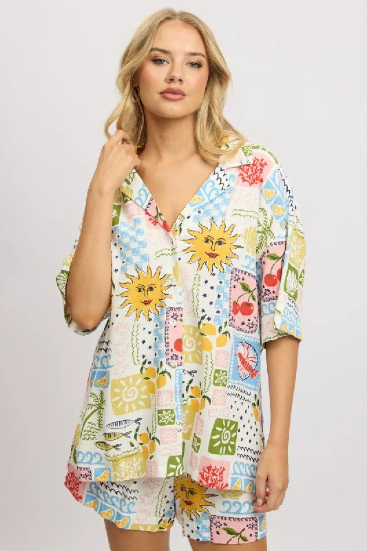 Stylish Women's Outerwear Apparel Multi Abstract Relaxed Shirt Short Sleeve