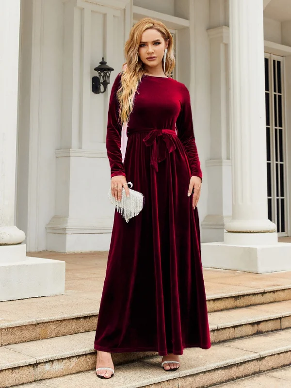 Women's Transitional Apparel Tie Front Round Neck Long Sleeve Maxi Dress