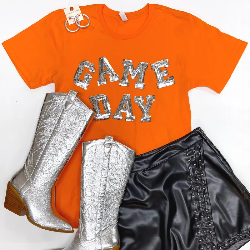 Affordable Women's Attire Gameday Silver Sequin Letter Short Sleeve Graphic Tee in Orange