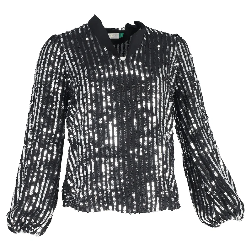 Women's Cozy Outfit For Lounging Rixo Moss Stripe Peasant Blouse in Black Sequins