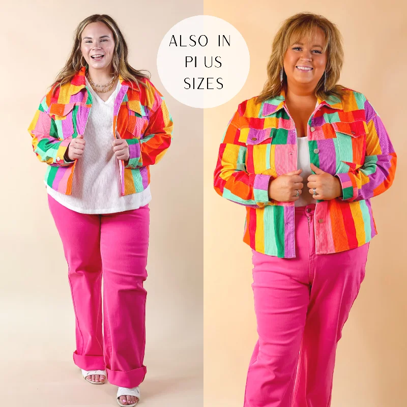 Elegant Women's Evening Garments Play It Cool Button Up Corduroy Color Block Jacket in Multi