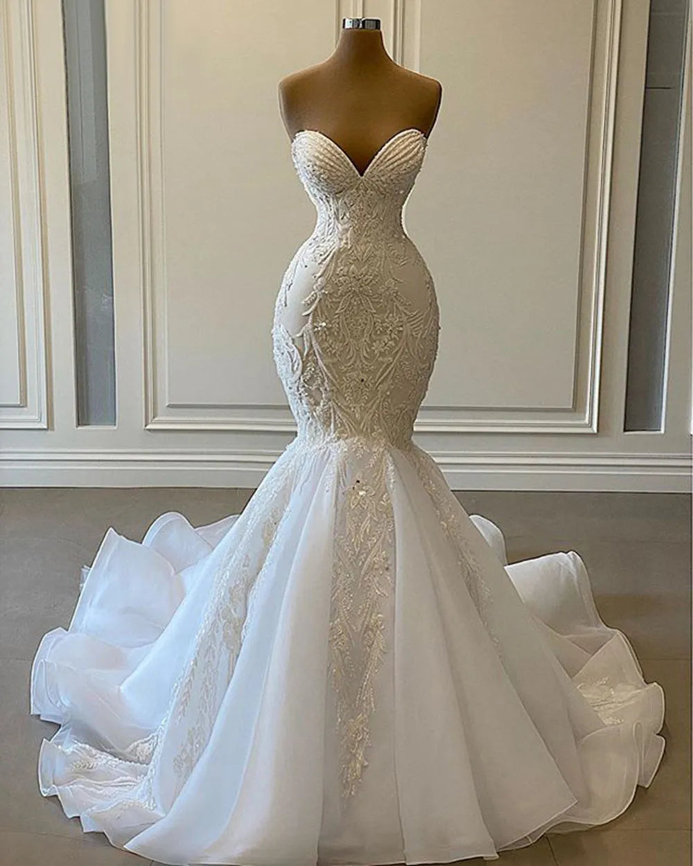 Women's Seasonal Clothes Sexy Sweetheart Mermaid African Wedding Dresses  Luxury Beaded Embroidery Women White Organza Bridal Wedding Gowns